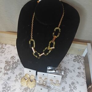 Gold and Brown Chain Link Necklace/W Earrings